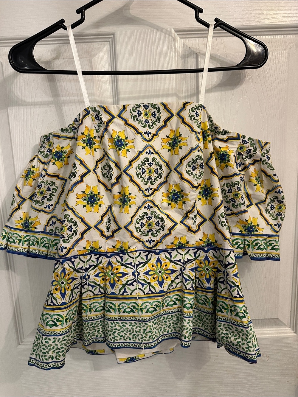 ANTONIO MELANI White Off-Shoulder Tile Print Blouse with Yellow & Green Accents
